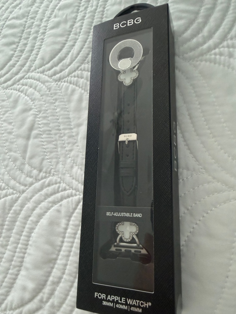 BCBG Black Leather Watch Band with Silver-Tone Hardware